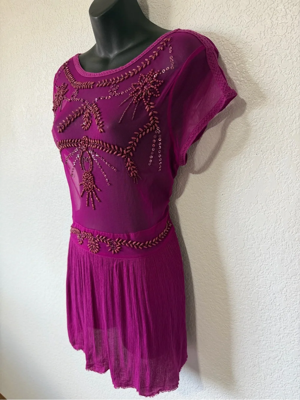 Free People Fuchsia Beaded Sheer Mini Dress